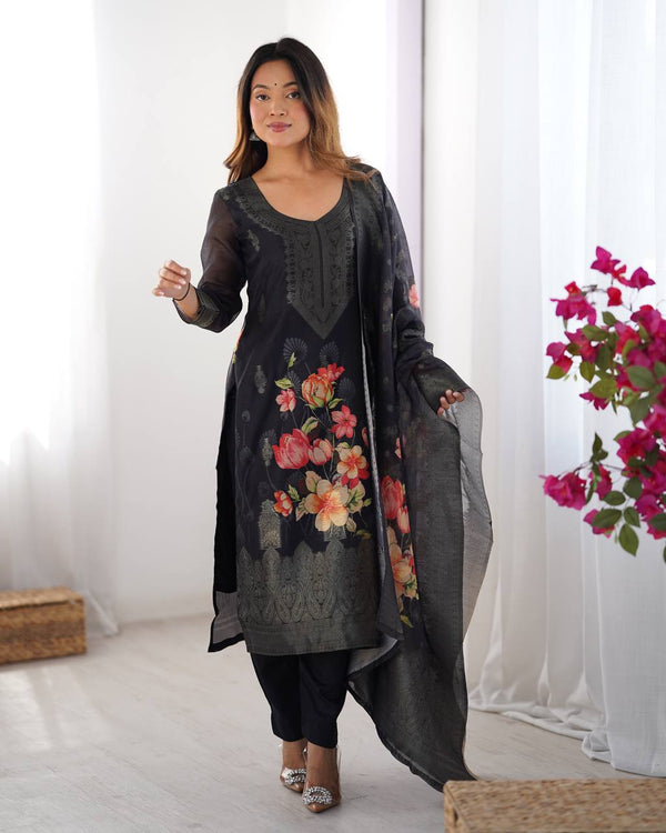 Stylish Jacquard Chanderi Silk Dress Set with Elastic Waist Pants