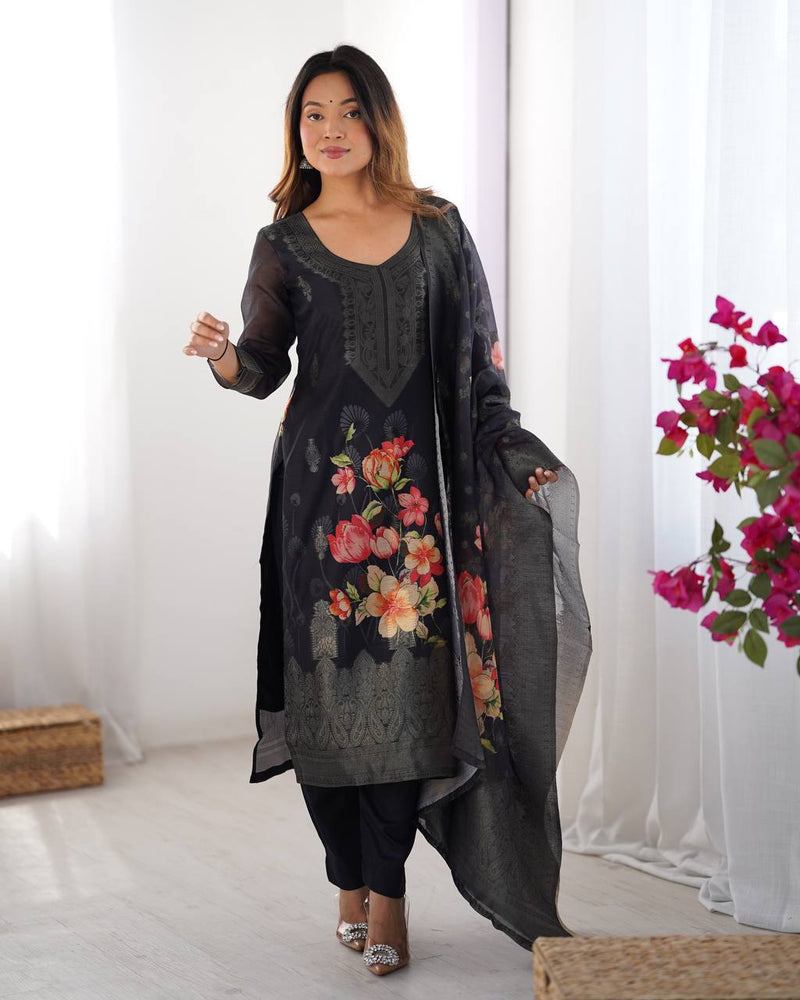 Stylish Jacquard Chanderi Silk Dress Set with Elastic Waist Pants