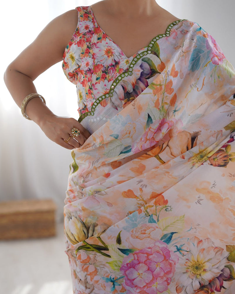 Traditional Kutchi Work Saree with Unstitched Blouse