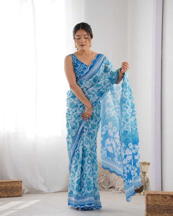 Designer Heavy Chinon Saree with Mirror Work & Unstitched Blouse