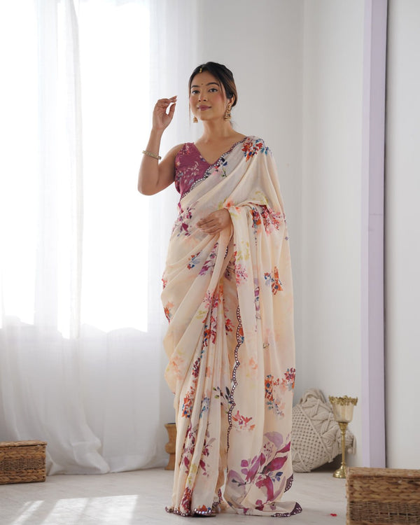 Elegant Cream Floral Printed Saree with Mauve Blouse
