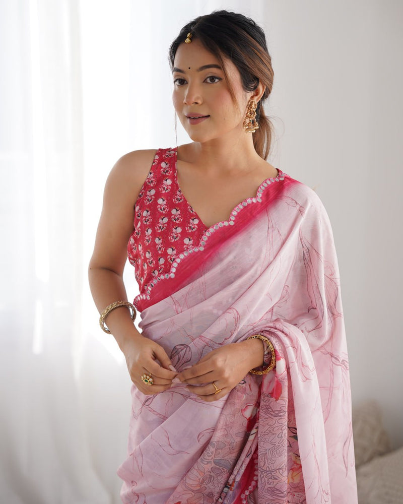 Blush Rose Chinnon Saree with Floral Print & Kutchi Mirror Lace With Blouse