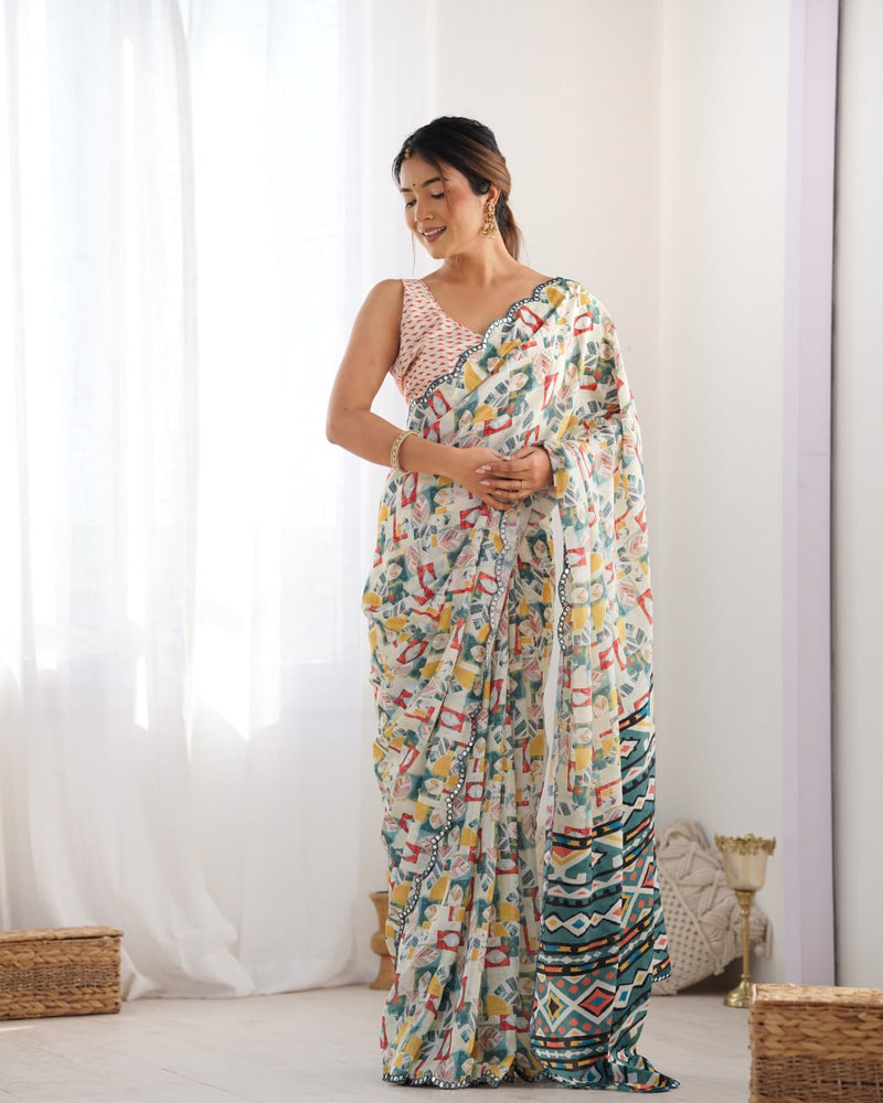 Ivory Chinnon Saree with Geometric Mirror Magic With Matching heavy Chinon blouse
