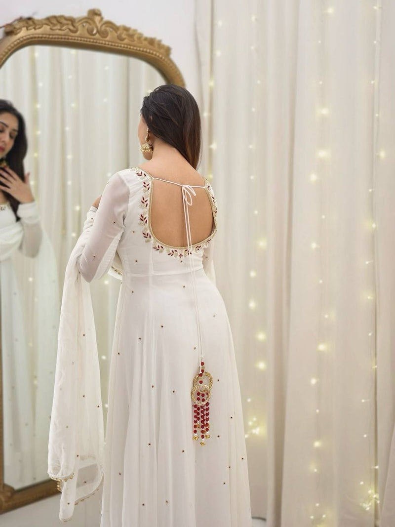 Fully Stitched Faux Georgette Gown Set with Embroidery & Lace Dupatta