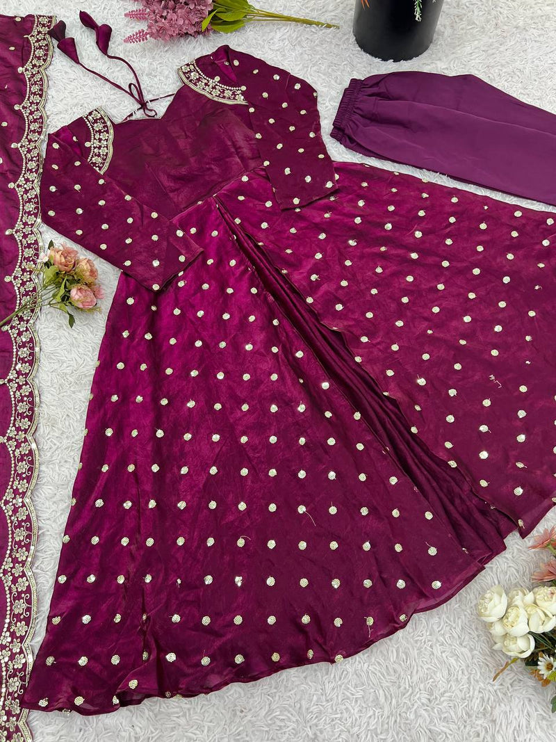 Heavy Fandy Silk Gown Set with Embroidered Dupatta