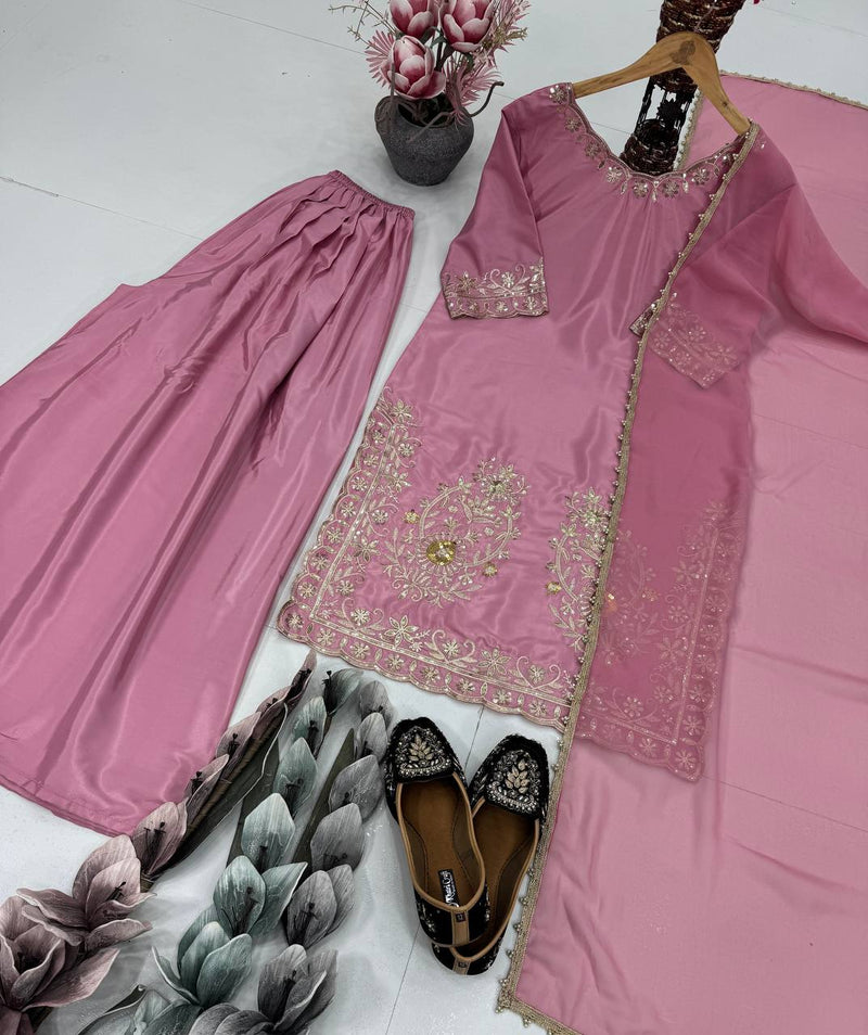 Stylish Natural Crepe Sharara Suit Set with Embroidered Top & Lace Dupatta