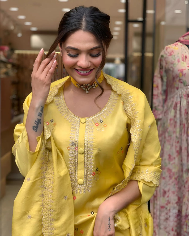 Vibrant Yellow Stylish Kurti Sets with Embroidery and Tebby Organza Dupatta