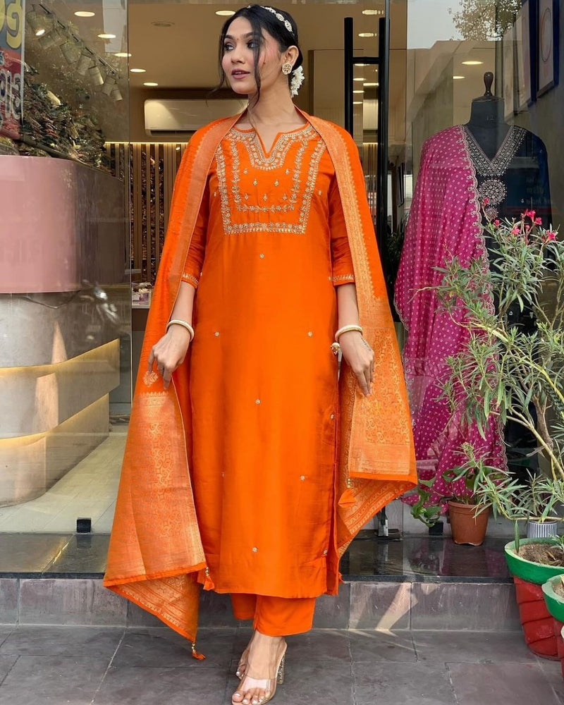 Designer Viscose Chanderi Embroidered A Line Kurta Set with Pants and Heavy Jacquard Dupatta for Women