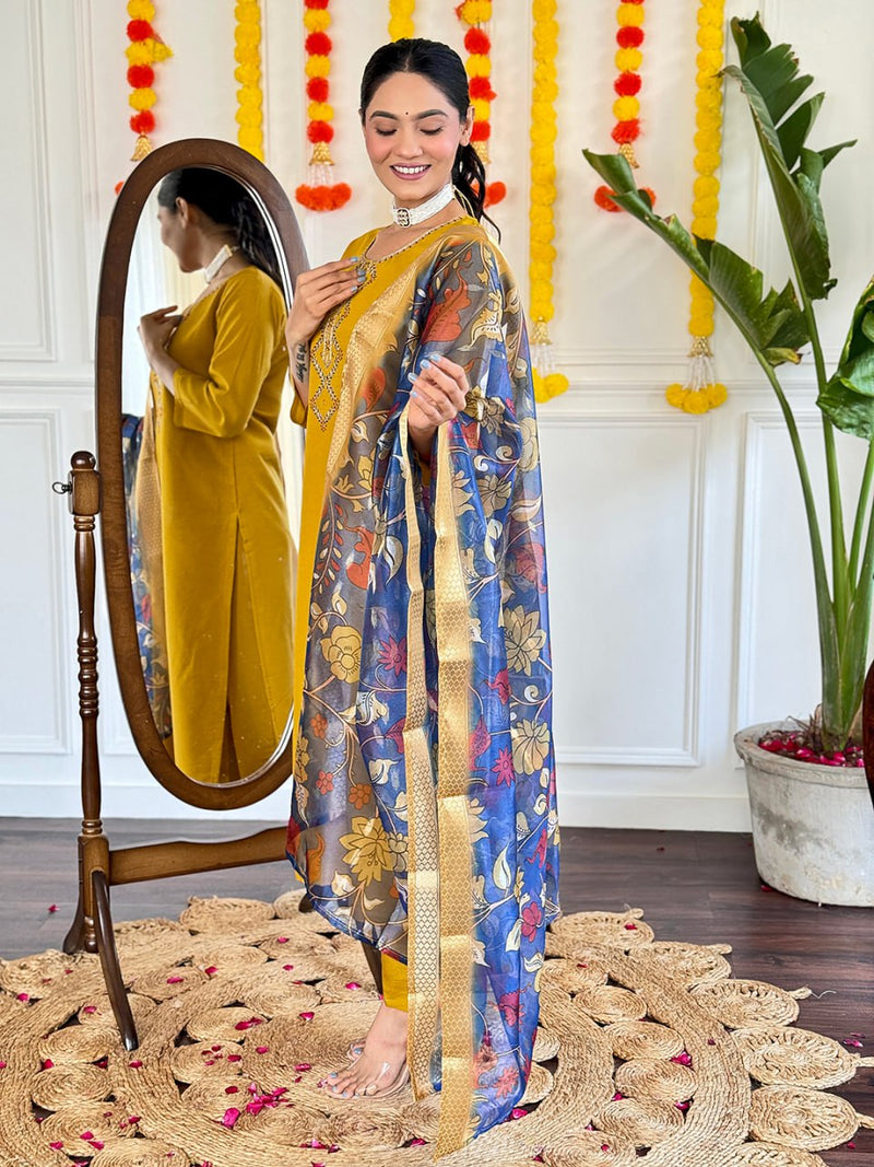 Haldi Ceremony Embroidered Kurti Set with Digital Print Dupatta