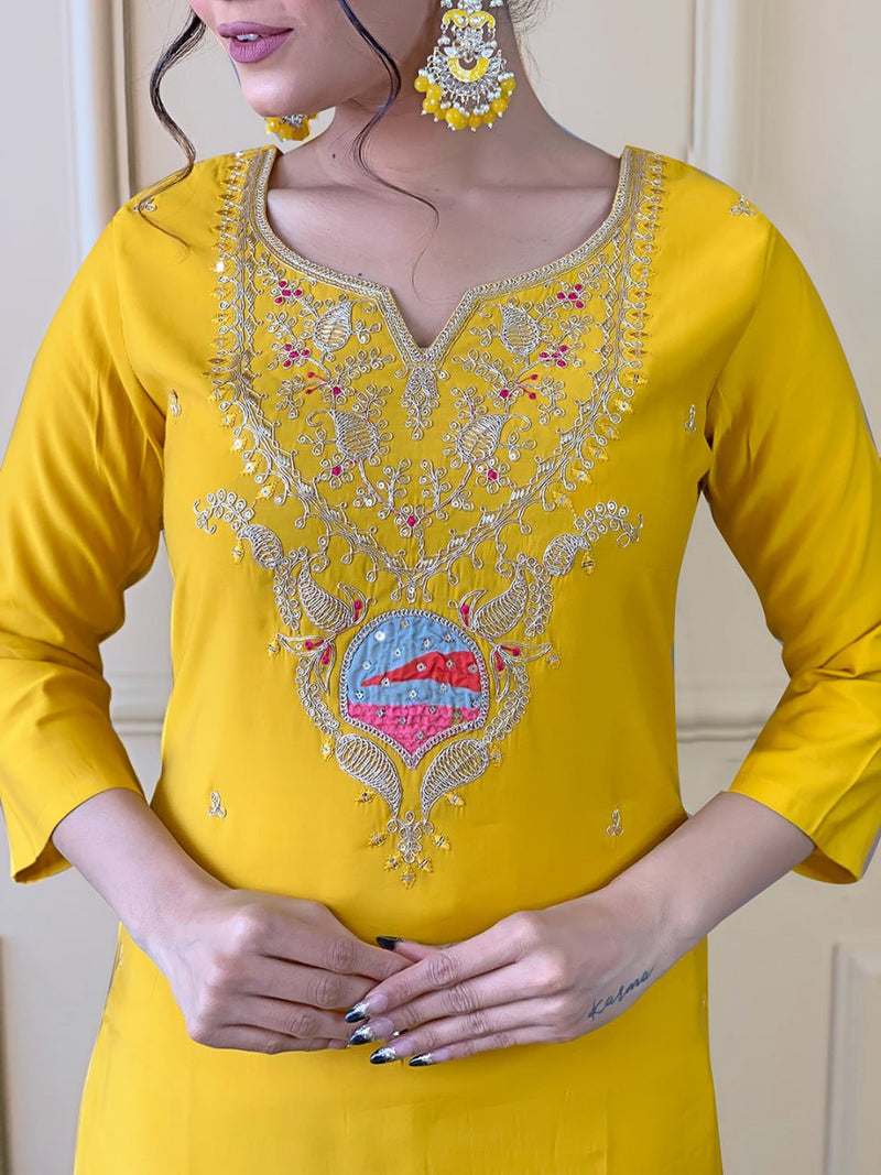 Rich Yellow Embroidered Viscose Fabric Straight Kurta, Pant And Dupatta Set