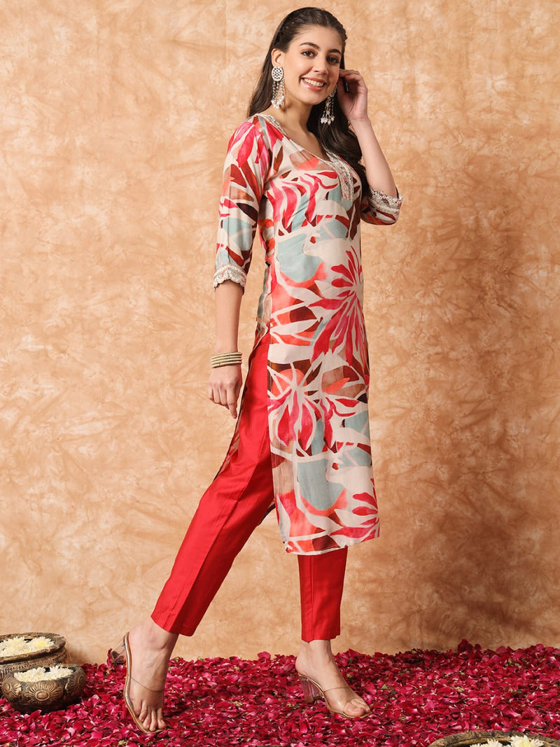 Multi Colour Rayon Kurti Set with Embroidered V-Neck & Nazmin Dupatta