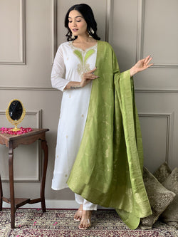 Classy White Viscose Chanderi With Embroidery Neck Work With Jacquard Silk Dupatta