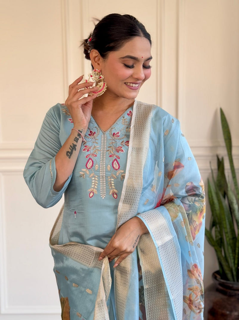 Sky Blue Viscose Chanderi Embroidered & Printed Suit Set with Jacquard Butti Dupatta