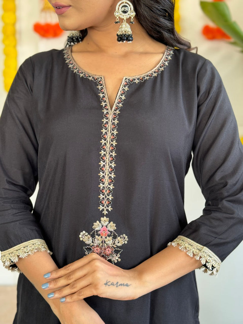 Midnight Black Embroidered Slub Rayon Kurti Set with Printed Silk Dupatta