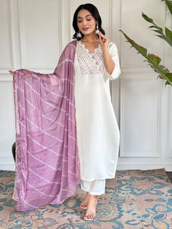 New Heavy Traditional White Kurta Suit Set With Pant And Leheriya Print Dupatta