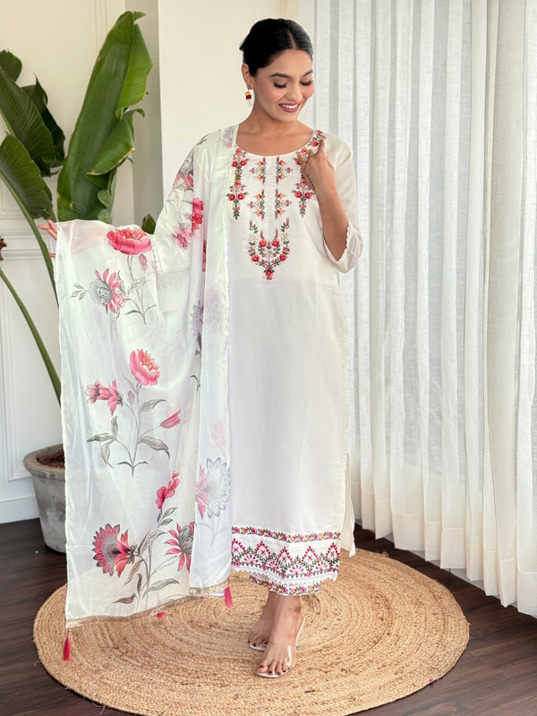 Bewitching White Chanderi Silk Office Wear Pant Suit With Dupatta