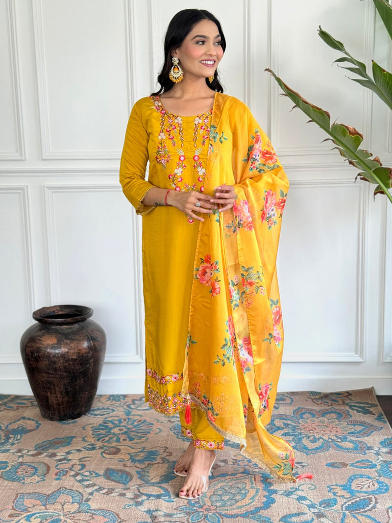 Mustard Yellow Embroidered Kurti Set with Taby Silk Dupatta