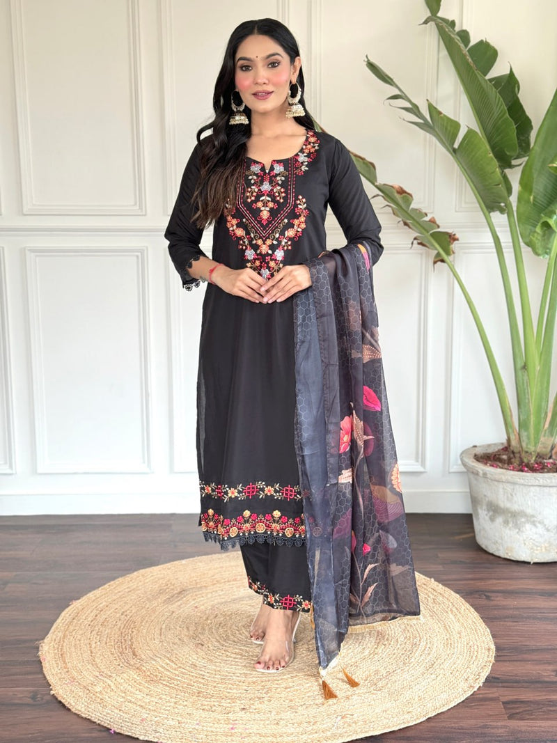 Black Chanderi Designer Embroidery Work With Printed Traditional Wear Readymade Salwar Kameez For Trendy Looks Stitched