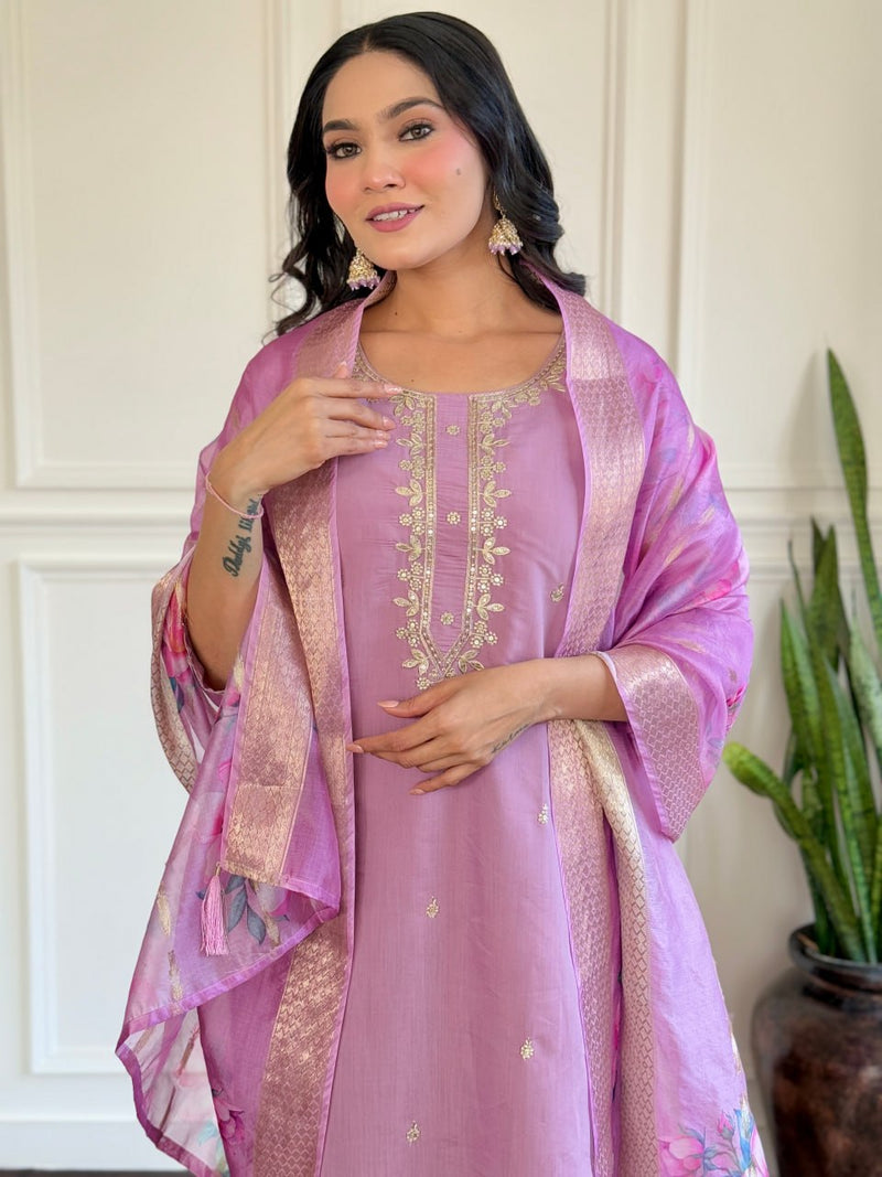 Iconic Embroidered Lavender Chanderi Party Salwar Suit