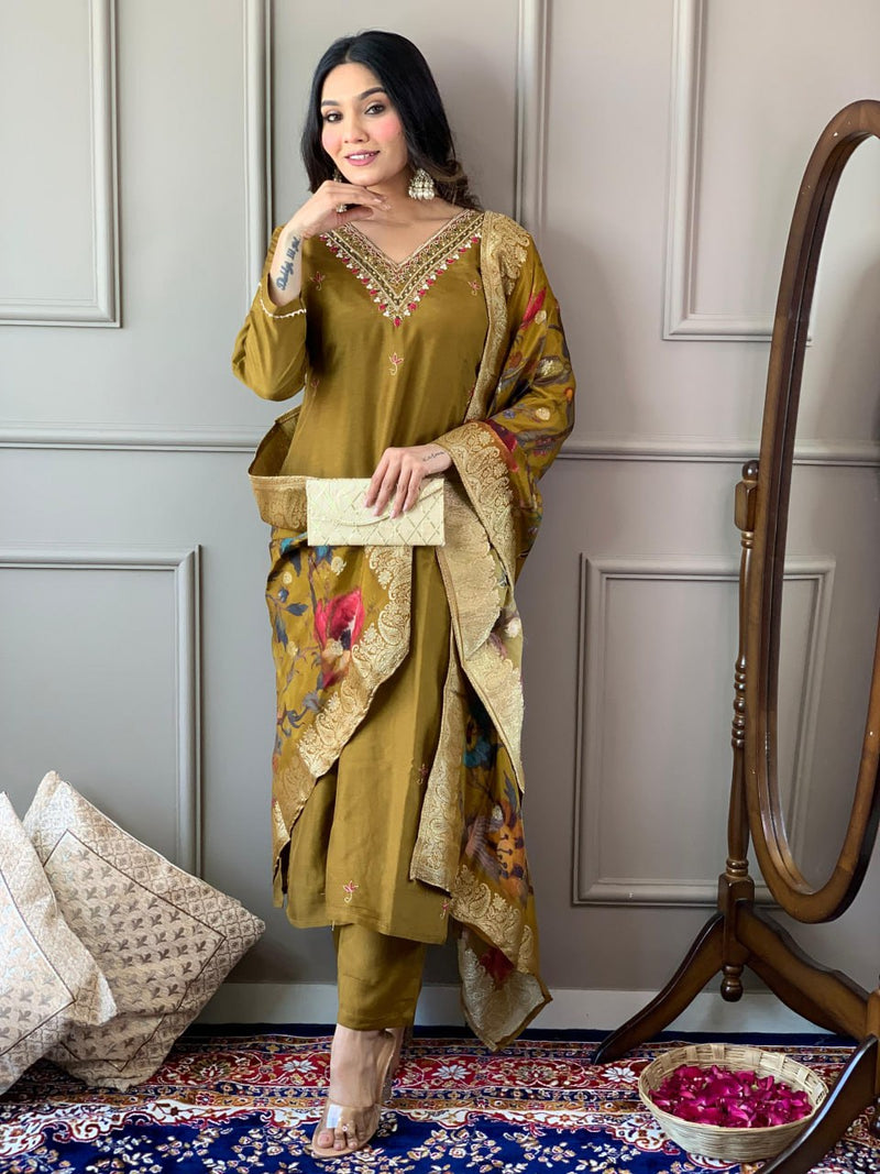 Ethnic Motifs Embroidered V-Neck Thread Work Kurta with Trousers & Dupatta