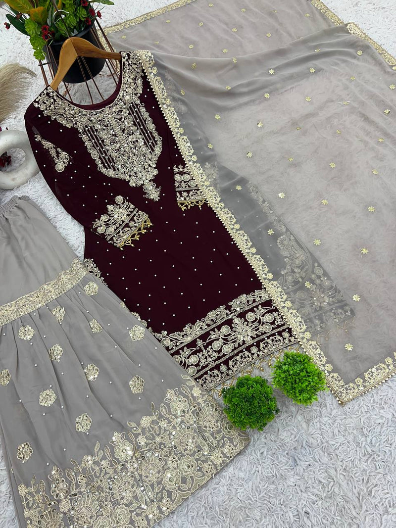 Rich Faux Georgette Stitched Suit Set with Embroidered Plazzo & Dupatta