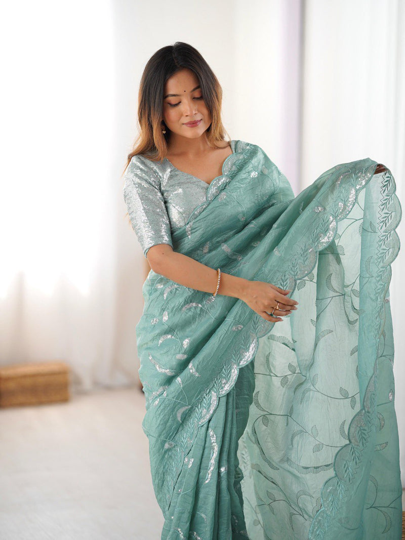 Designer Sequin Work Saree in Gold Crush Fabric with Matching Blouse