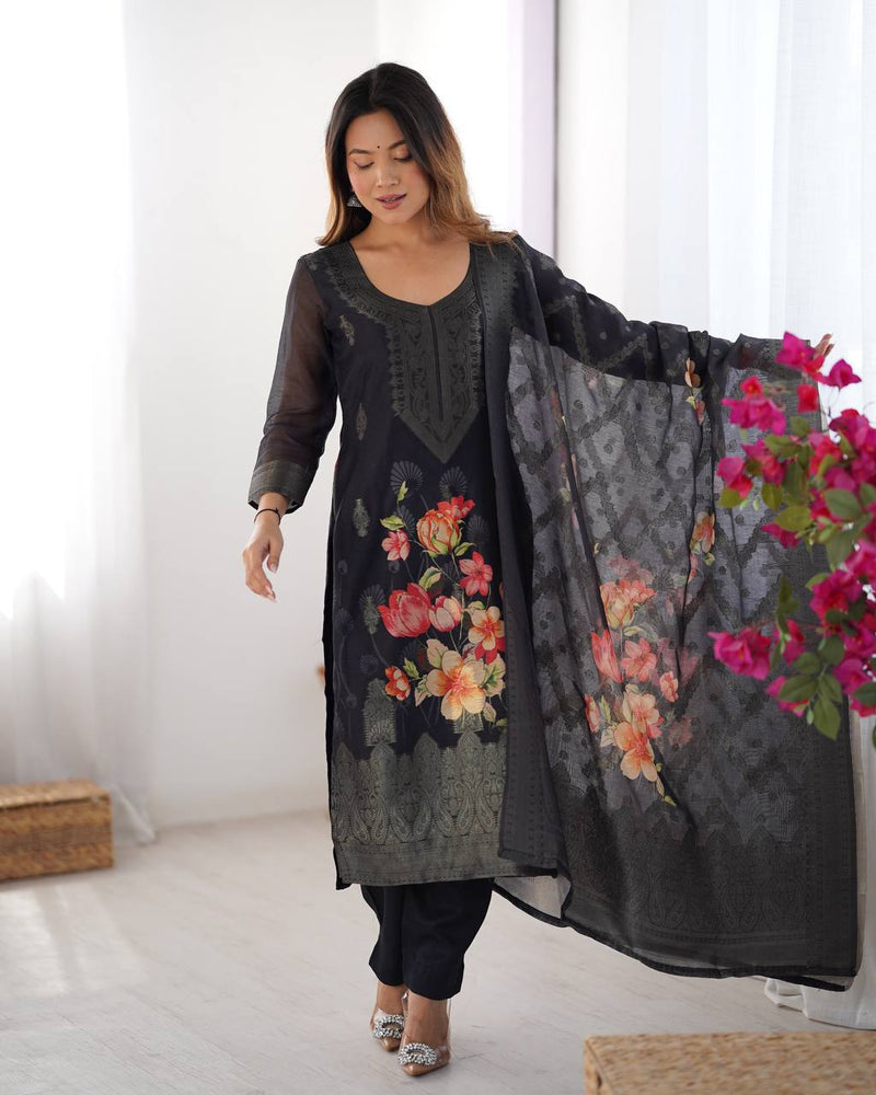 Stylish Jacquard Chanderi Silk Dress Set with Elastic Waist Pants