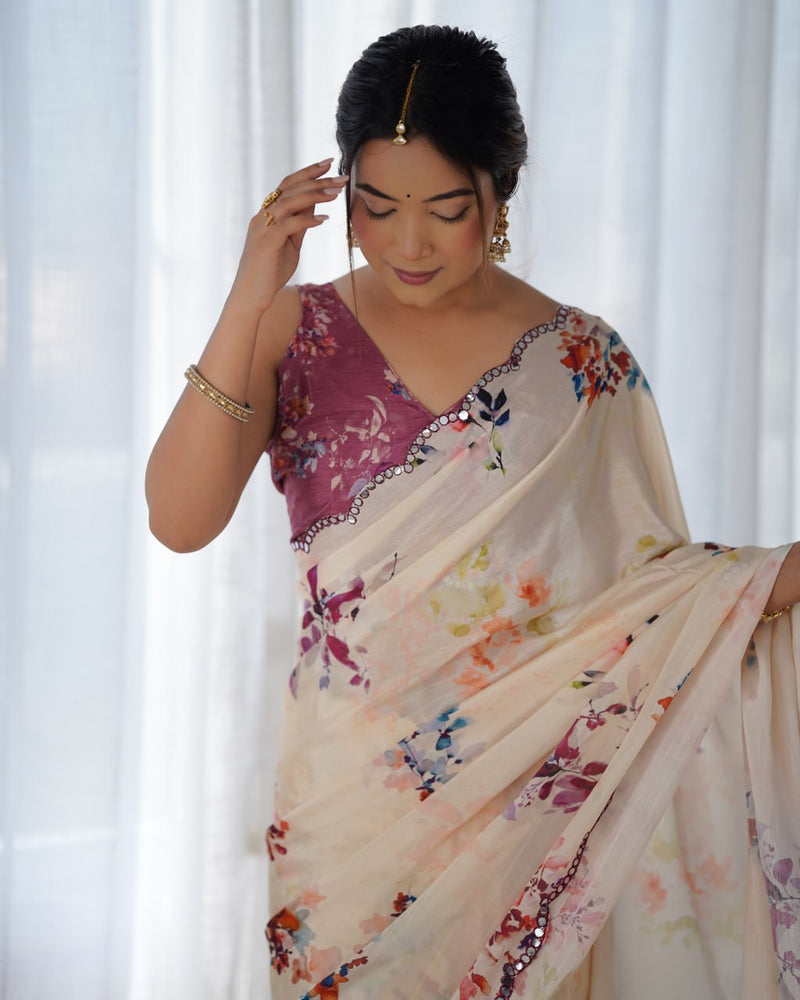 Elegant Cream Floral Printed Saree with Mauve Blouse