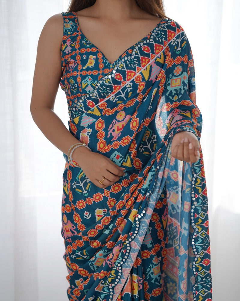 Kutchi Work Heavy Chinon Saree with Unstitched Blouse