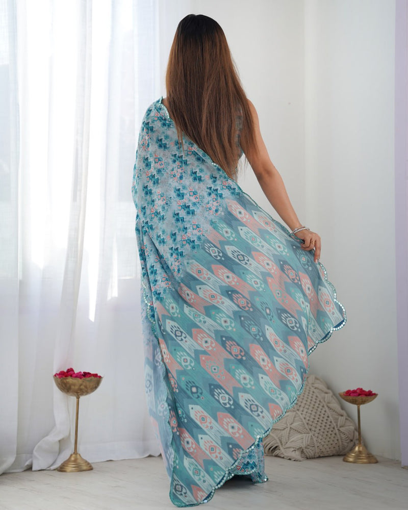 Elegant Pastel Aqua Blue Heavy Chinon Mirror Work Saree with Blouse