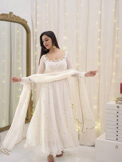 Fully Stitched Faux Georgette Gown Set with Embroidery & Lace Dupatta