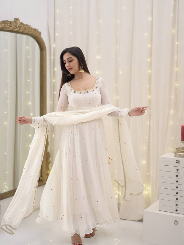 Fully Stitched Faux Georgette Gown Set with Embroidery & Lace Dupatta