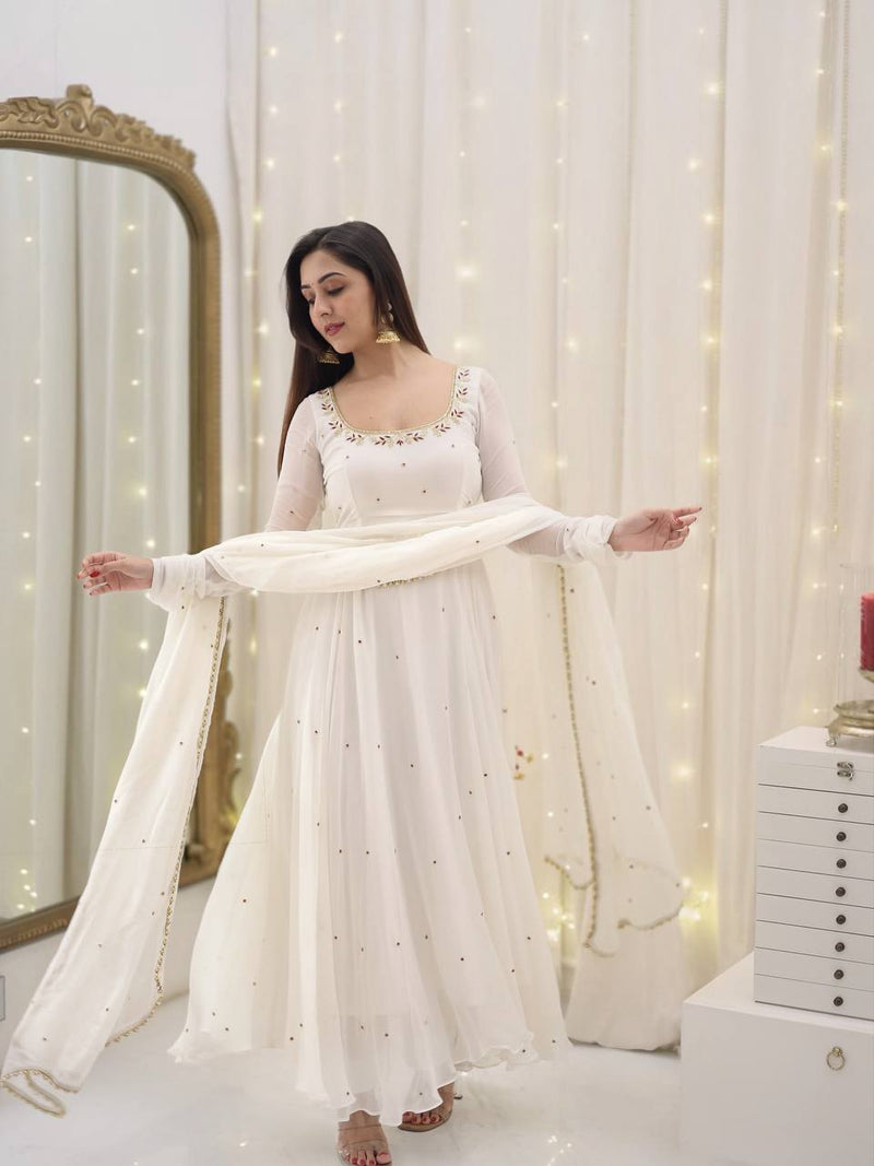 Fully Stitched Faux Georgette Gown Set with Embroidery & Lace Dupatta