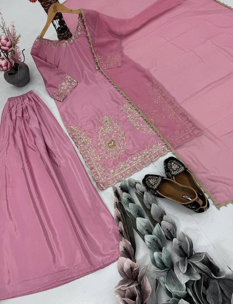 Stylish Natural Crepe Sharara Suit Set with Embroidered Top & Lace Dupatta