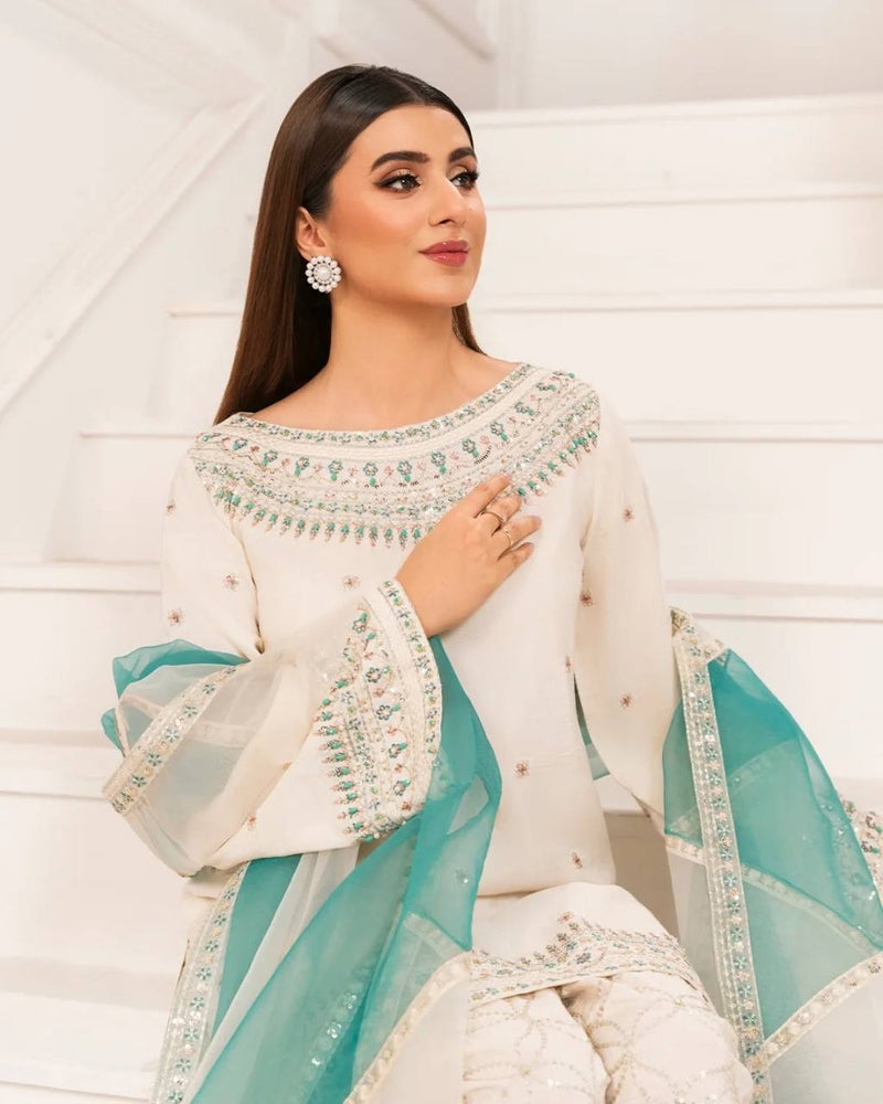 Pure Natural Crepe Designer Palazzo Suit Set with Embroidered Organza Dupatta