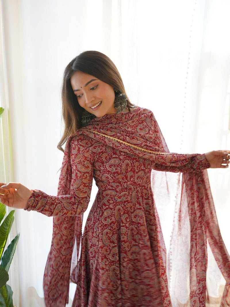 MAROON COLOR PURE SOFT FOX GEORGETTE KALAMKARI PRINT FABRIC FULLY FLAIR ANARKALI,WITH DUPPTA SET,PENT READY TO WEAR