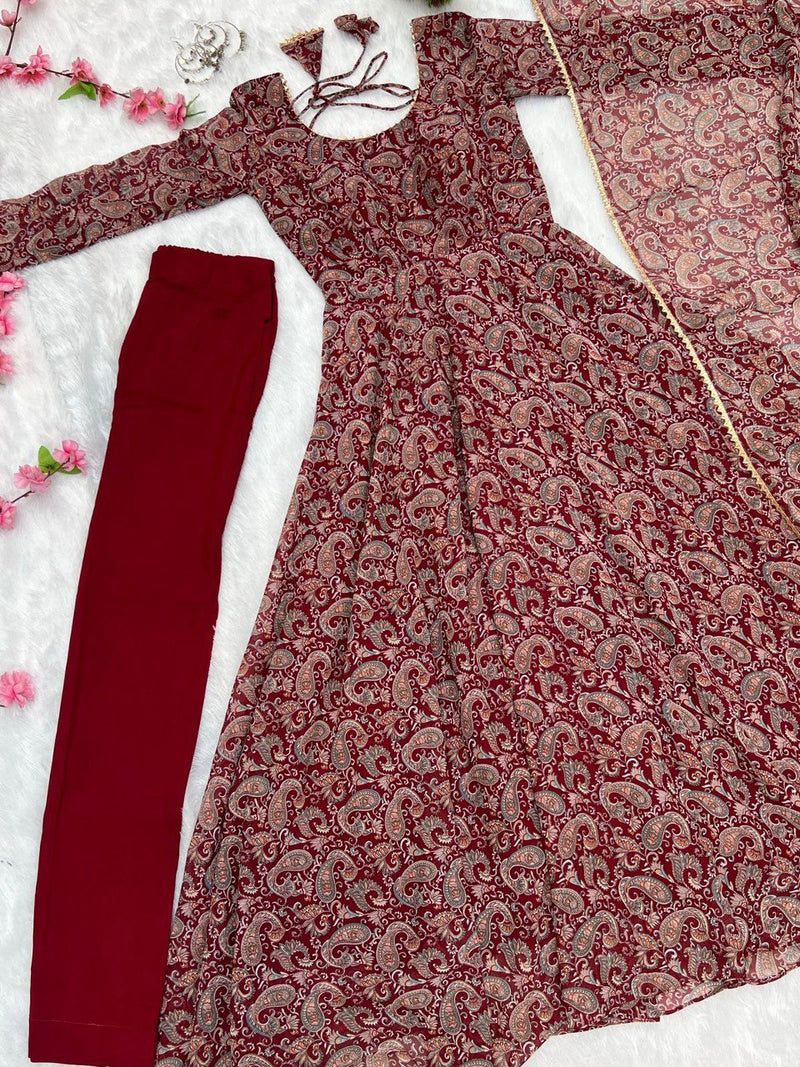 MAROON COLOR PURE SOFT FOX GEORGETTE KALAMKARI PRINT FABRIC FULLY FLAIR ANARKALI,WITH DUPPTA SET,PENT READY TO WEAR