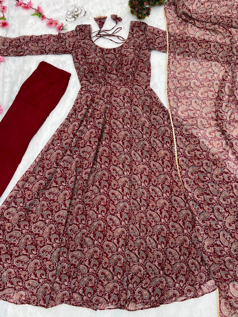 MAROON COLOR PURE SOFT FOX GEORGETTE KALAMKARI PRINT FABRIC FULLY FLAIR ANARKALI,WITH DUPPTA SET,PENT READY TO WEAR