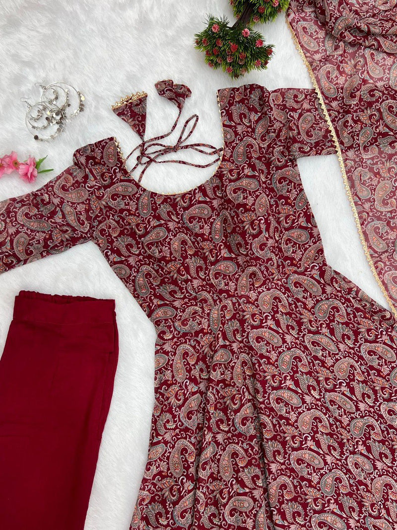 MAROON COLOR PURE SOFT FOX GEORGETTE KALAMKARI PRINT FABRIC FULLY FLAIR ANARKALI,WITH DUPPTA SET,PENT READY TO WEAR