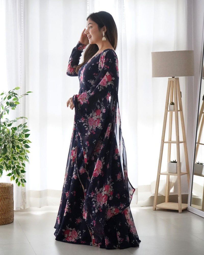 NAVY BLUE FLORAL PRINT GEORGTTE GOWN AND FULLY FLAIR KALI PATTERN WITH DUPATTA