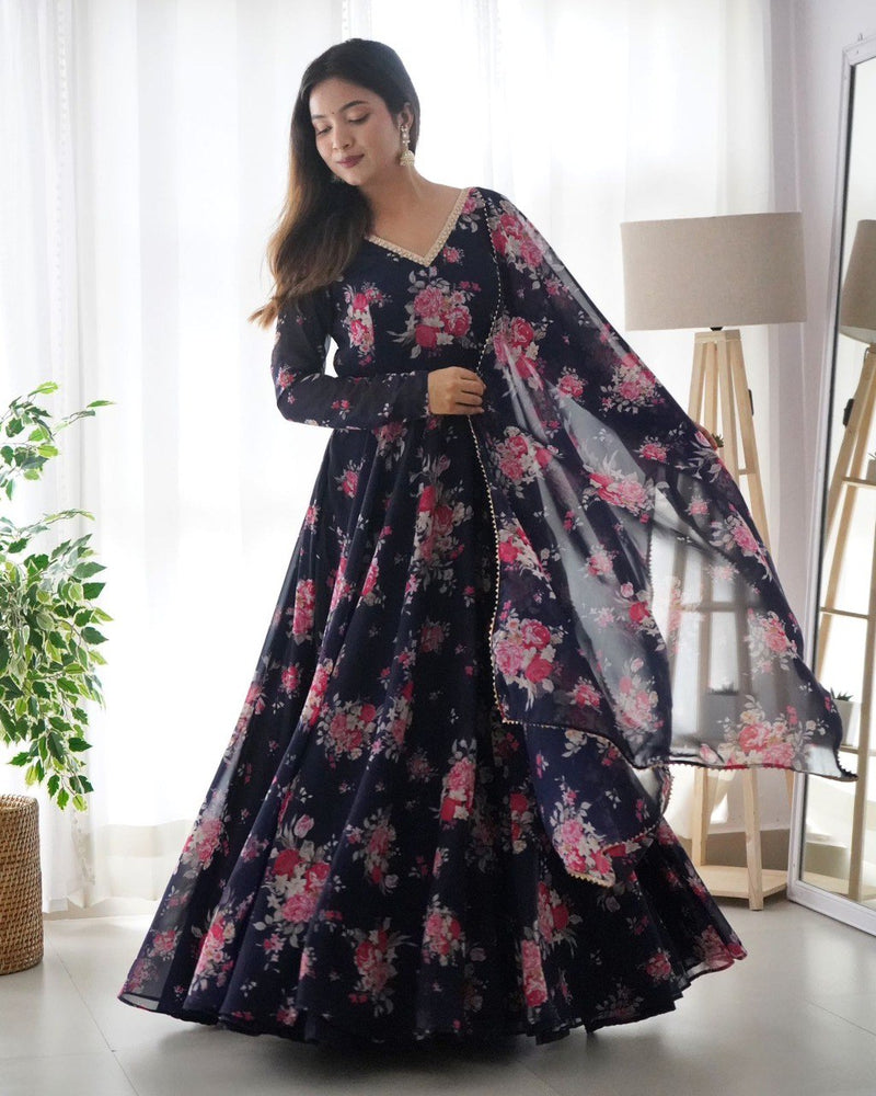 NAVY BLUE FLORAL PRINT GEORGTTE GOWN AND FULLY FLAIR KALI PATTERN WITH DUPATTA