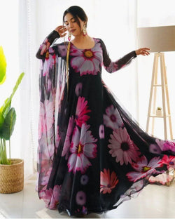 BLACK BERRY SUNFLOWER DIGITAR PRINTED ANARKALI WITH FOUR SIDE GLODEN LACE BORDER DUPPTA COLLENCTION