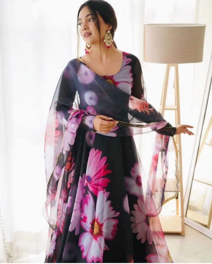 BLACK BERRY SUNFLOWER DIGITAR PRINTED ANARKALI WITH FOUR SIDE GLODEN LACE BORDER DUPPTA COLLENCTION