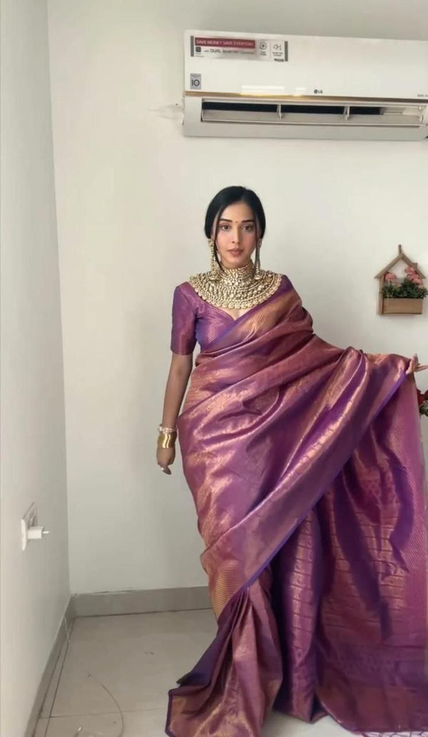 Spectacular Purple One Minute Wear Soft Lichi Silk Saree With Jacquard Border Work Unstitched Blouse