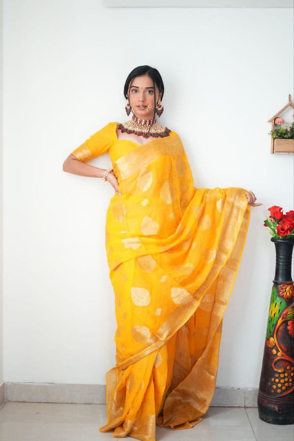 Gold Yellow Color Ready to Wear Saree in  SOFT LINEN SLAB ATTRACTIVE CHARMFULL SAREE