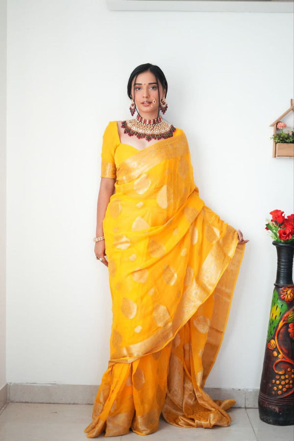 Gold Yellow Color Ready to Wear Saree in  SOFT LINEN SLAB ATTRACTIVE CHARMFULL SAREE