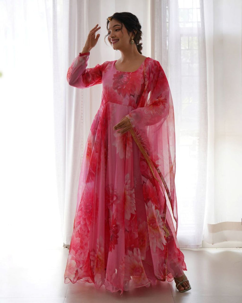 PINK DIGITAL PRINT FAUX GEORGTTE ANARKALI GOWN + DUPPTA COLLECTION