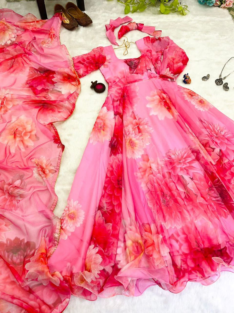 PINK DIGITAL PRINT FAUX GEORGTTE ANARKALI GOWN + DUPPTA COLLECTION