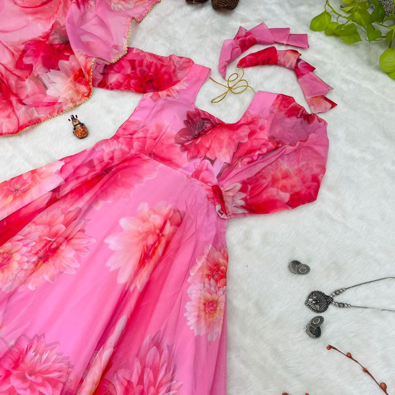 PINK DIGITAL PRINT FAUX GEORGTTE ANARKALI GOWN + DUPPTA COLLECTION