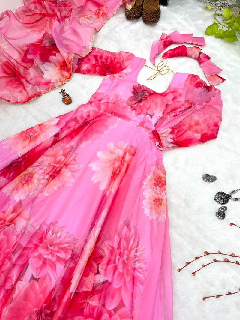 PINK DIGITAL PRINT FAUX GEORGTTE ANARKALI GOWN + DUPPTA COLLECTION